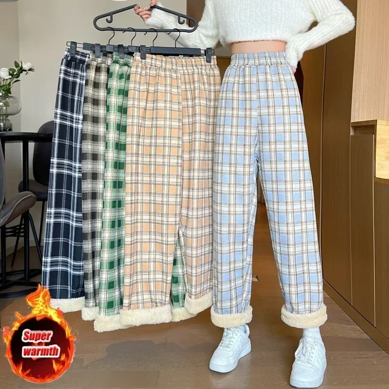 패션 따뜻한 플러시 바지 캐시미어 두꺼운 격자 무늬 숙녀 겨울 캐주얼 느슨한 넓은 다리 바지 한국 streetwear 학생