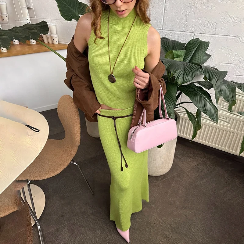 Tornova 우아한 니트 드레스 세트 민소매 터틀넥 민소매 조끼 높은 허리 스커트 여성 슬림 두 조각 세트 2025 새로운