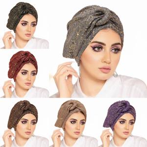 새로운 여성 솔리드 컬러 스팽글 터번 Hijab Chemo 모자 암 모자 탈모 Headscarf Beanie Bonnet Head Wrap Headband Mujer