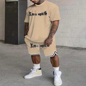 로스앤젤레스 편지 남성 캐주얼 정장, 라운드 넥 짧은 소매 졸라매는 끈 반바지 2개, 여름에 적합 일상 야외 스포츠