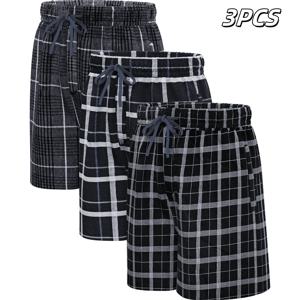 3pcs 남성용 파자마 바지 짠 100% 코튼 클래식 격자 무늬 반바지 잠옷 캐주얼 버튼과 Drawstring 포켓이 있어 편안함