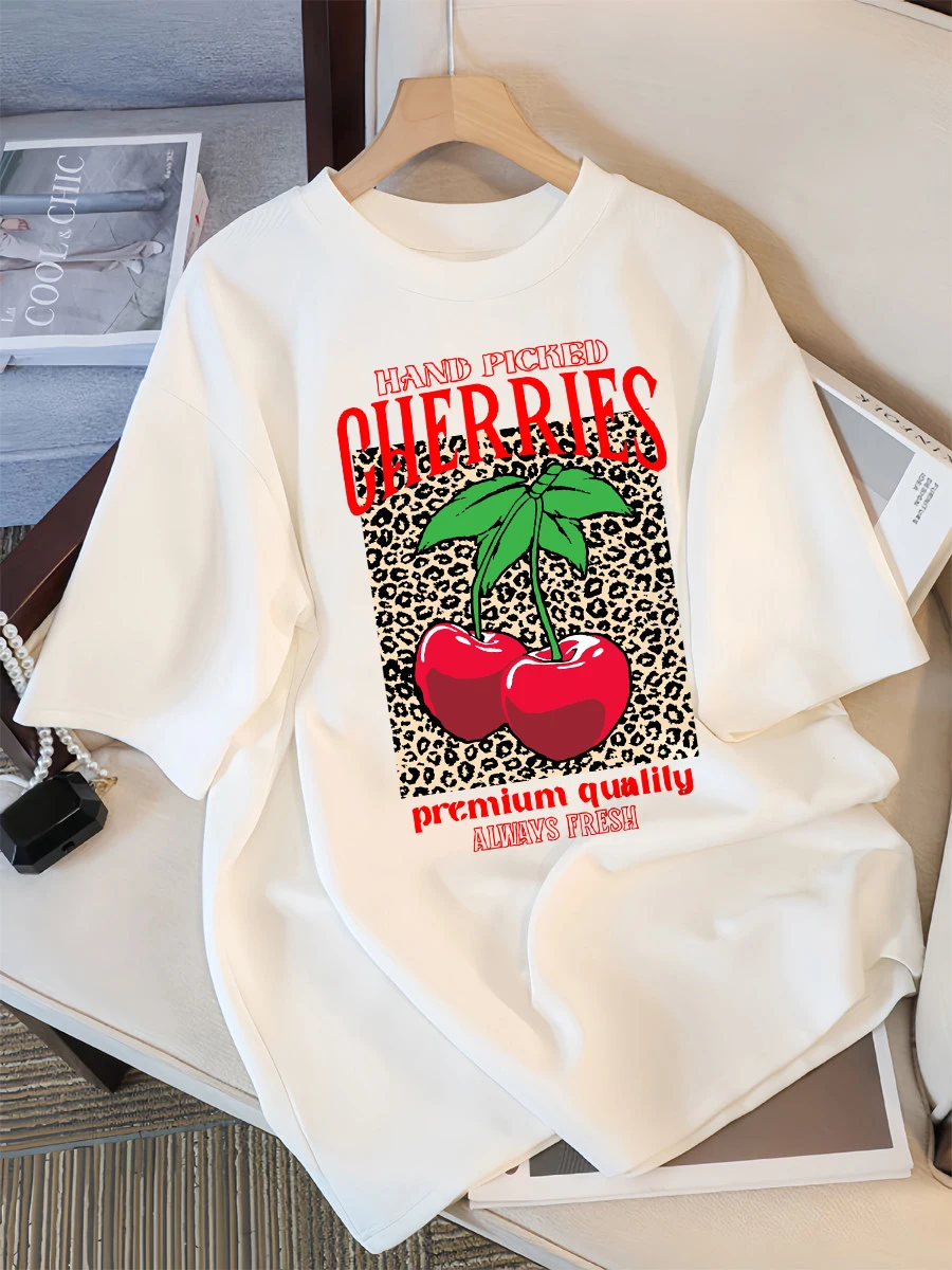 손으로 고른 체리 항상 신선한 인쇄 티셔츠 여성 코튼 Crewneck T 셔츠 여름 느슨한 옷 여러 가지 빛깔의 짧은 소매