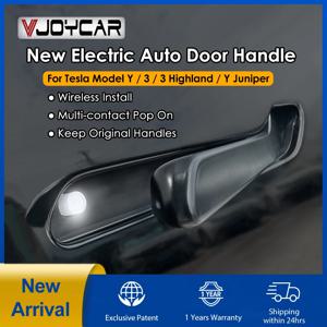 VJOYCAR 새로운 Y Juniper OEM 크롬 도어 핸들 자동 프레젠테이션 Tesla Model 3 Y 3 Highland Welcome Mode 다중 접촉 팝업 간편한 무선 설치