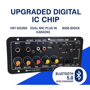 리버브 듀얼 마이크가 포함된 D10 블루투스 5.0 디지털 앰프 보드 USB/TF/FM 220V/12V/24V 10인치 스피커용