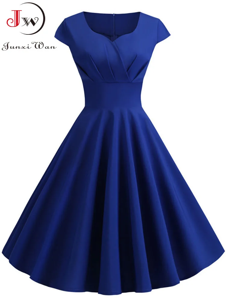 여름 드레스 여성 햅번 빈티지 로커 빌리 핀 업 드레스 가운 Femme 캐주얼 레트로 우아한 파티 미디 Sundress Jurken
