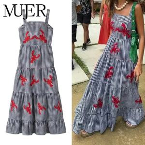 MUJER 플래드 슬립 롱 드레스 여성 자수 러플 여름 드레스 2025 민소매 비치 휴가 드레스 여성 캐주얼 미디 드레스