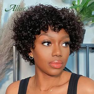 흑인 여성을위한 짧은 픽시 아프로 킨키 컬리 가발 Glueless Natural Brown Bob Wig With Bangs 브라질 인간의 머리 가발 Allure