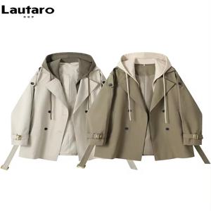 Lautaro 봄 가을 Flowy 캐주얼 트렌치 코트 여성용 벨트 더블 브레스트 루즈 럭셔리 디자이너 가짜 2 조각 의류 2024