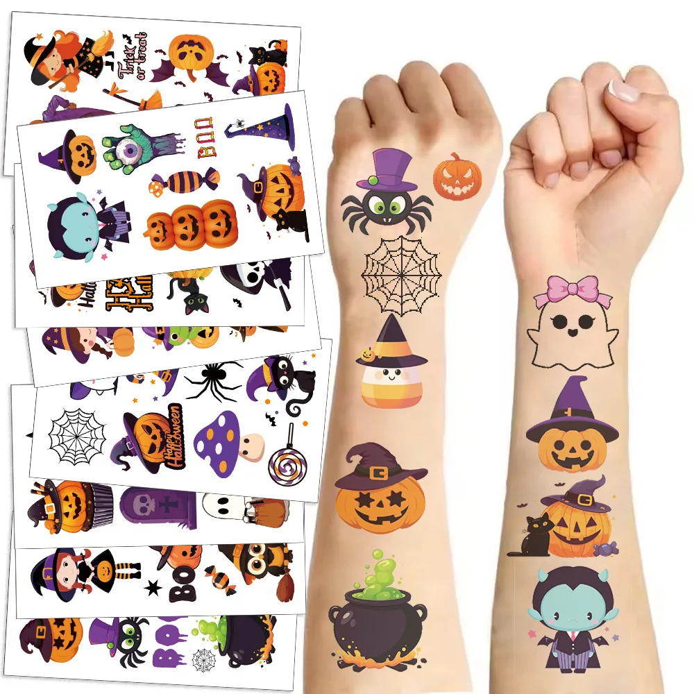 10 시트 할로윈 호박 문신 스티커 임시 가짜 문신 팔 손 바디 Waterdichte Tatouages ​​어린이 장난감 선물