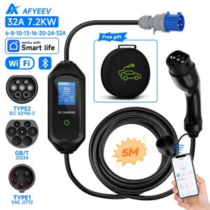 AFYEEV 32A 7.2KW Type2 Type1 EV 충전기 휴대용 GB/T 전기 자동차 충전기 EVSE 충전 케이블 WiFi Bluetooth APP 제어