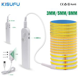 3MM 5MM 8MM COB LED 라이트 스트립 5V 320LED PIR 모션 센서 유연한 야간 조명 USB/AAA 배터리 구동 테이프 3000K 4000K 6000K