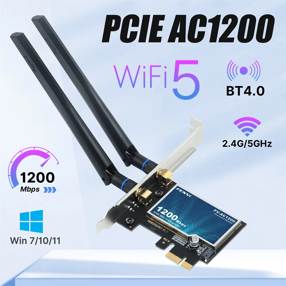 Fenvi WiFi5 AC1200 PCIE WiFi 어댑터 BT4.0 Win 7/10/11 데스크탑 PC 용 1200Mbps WiFi 카드 듀얼 밴드 802.11ac 네트워킹 업그레이드