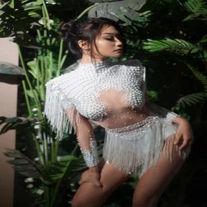 섹시한 탄성 라인 석 술 파티 바디 슈트 OutfiSet 여성 나이트 클럽 댄스 파티 크리스탈 프린지 LeotardDance 무대 착용 Nainiang Q025