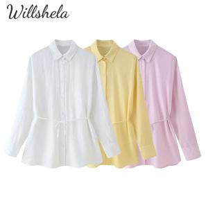 Willshela 여성 패션 솔리드 리넨 셔츠 옷깃 칼라 긴 소매 허리 새시 여성 세련된 레이디 캐주얼 Mujer 탑 블라우스