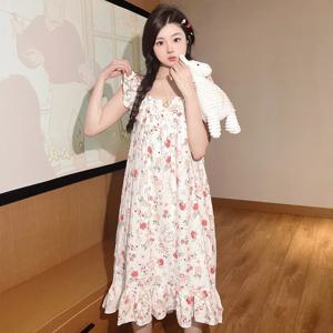 달콤한 여름 잠옷 여성용 얇은 주름 원단 플라이 슬리브 나이트가운 귀여운 홈웨어 반팔 미디 기장 원피스