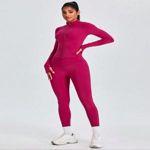 Fitfemme 투피스 세트 여성용 솔리드 지퍼 업모크 넥 스포츠 자켓 & 하이웨이스트 레깅스 세트, 스포티 통기성 빠른 건조