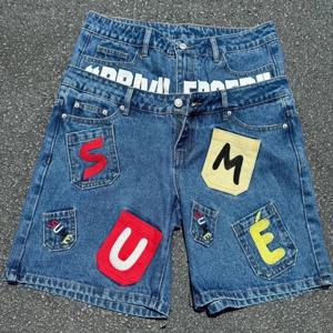 Deeptown 빈티지 편지 그래픽 여성 남자 짧은 청바지 Y2k 힙합 더블 허리 아메리칸 스타일 Jorts Baggy streetwear 여름