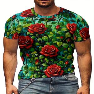 [파티 필수템] 남성용 3D 플로럴 프린트 티셔츠 - 부드러운 폴리에스터 소재, 생기 넘치는 붉은 장미 & 녹색 잎사귀 디자인, 반팔