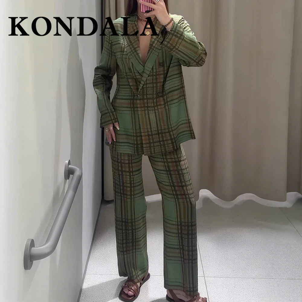 콘달라 시크 체크 오피스룩 여성 정장 더블 브레스티드 루즈 블레이저+지퍼 포켓 롱 팬츠 패션 2025 여성 캐주얼 세트