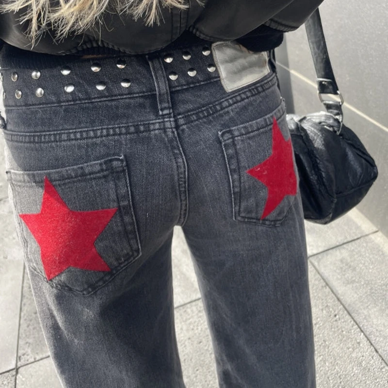 여성 Y2K 빈티지 청바지 패치워크 레오파드 스타 패턴 메탈 리벳 청바지 여성용 배기 캐주얼 스트레이트 레그 데님 팬츠 의류