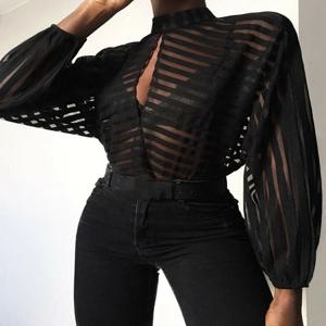 섹시한 흑인 여성 메쉬 쉬어 블라우스 숙녀 긴 소매 스트라이프 프론트 중공 투명 셔츠 Blusas Mujer Camisas
