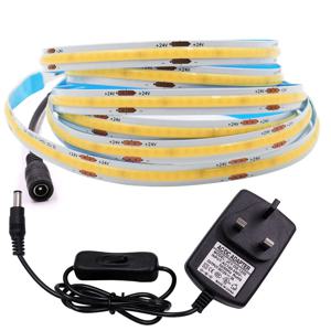 새로운 12V COB Led 스트립 스위치 전원 키트 미국 EU 영국 AU 플러그 유연한 라이트 테이프 Ra90 320 Led 고밀도 선형 조명