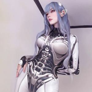 고스 다크 3D 프린트 코스프레 Bodycon 점프 슈트 Y2k Techwear 긴 소매 고딕 펑크 Playsuits 애니메이션 여성 모의 목 지퍼 바디 슈트