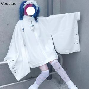 여성용 일본 카와이 화이트 후드티, Y2k 미적 오버사이즈 자수 재킷, 하라주쿠 지퍼, 그런지 루즈 스웻셔츠, 가을