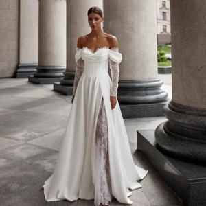 공주 오프 숄더 긴 소매 아가 ​​레이스 아플리케 Boho Beach 라인 웨딩 드레스 2025 Vestido De Noival