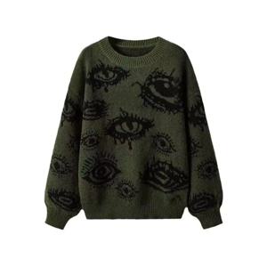Y2k streetwear 여성 그런지 펑크 아이 프린트 긴 소매 드롭 어깨 따뜻한 스웨터 탑 가을 또는 겨울