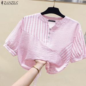 ZANZEA 여름 우아한 스트라이프 셔츠 여성 OL 작업 블라우스 V 넥 하프 슬리브 캐주얼 루즈 탑 Drawstring Hem Blusas Oversize