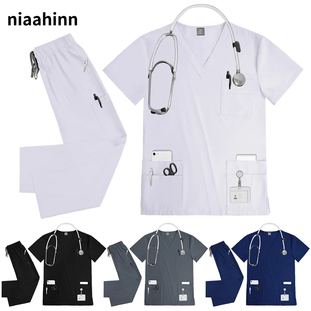 NiaaHinn 마취 의사 간호 유니폼 정장 남여 스파 미용 작업복 여성 스크럽 세트 애완 동물 클리닉 의료 의사 작업복