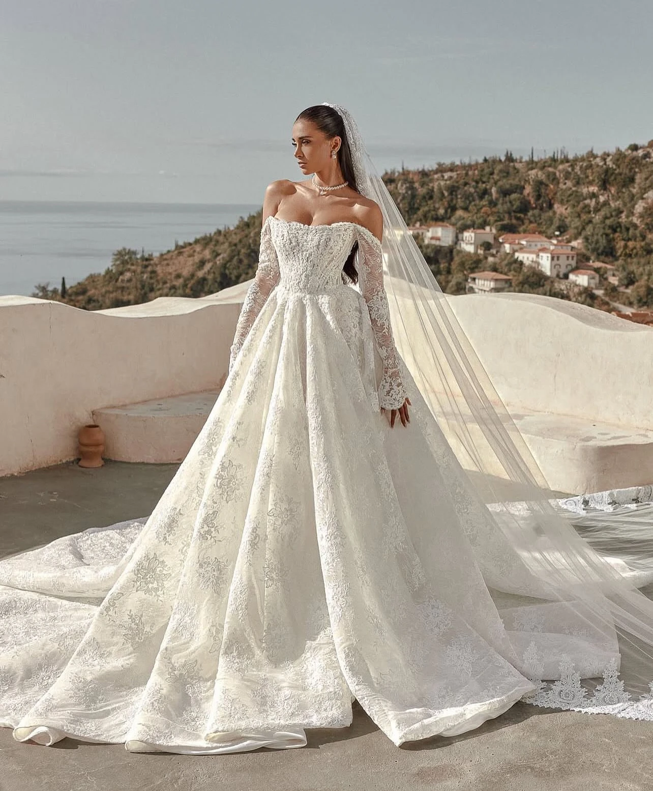 맞춤형 레이스 웨딩 드레스 긴 소매 Estilo Princesa Elegantes 화이트 맞춤형 Vestido Abiti Da Sposa Noiva Vestido de novia