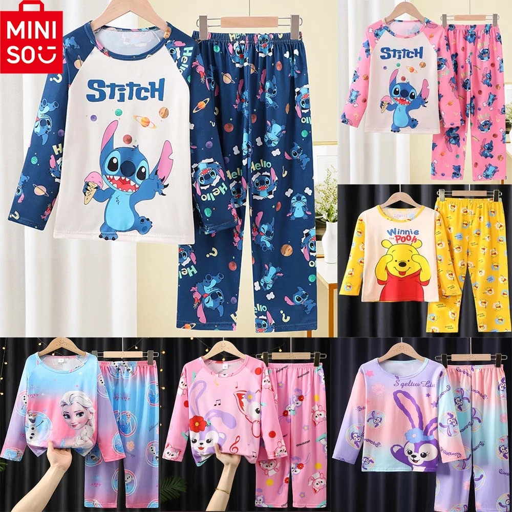 MINISO 디즈니 키즈 잠옷 소년 잠옷 세트 긴 소매 겨울왕국 공주 엘사 위니 푸우 아동 의류 유아 소녀 Pijamas