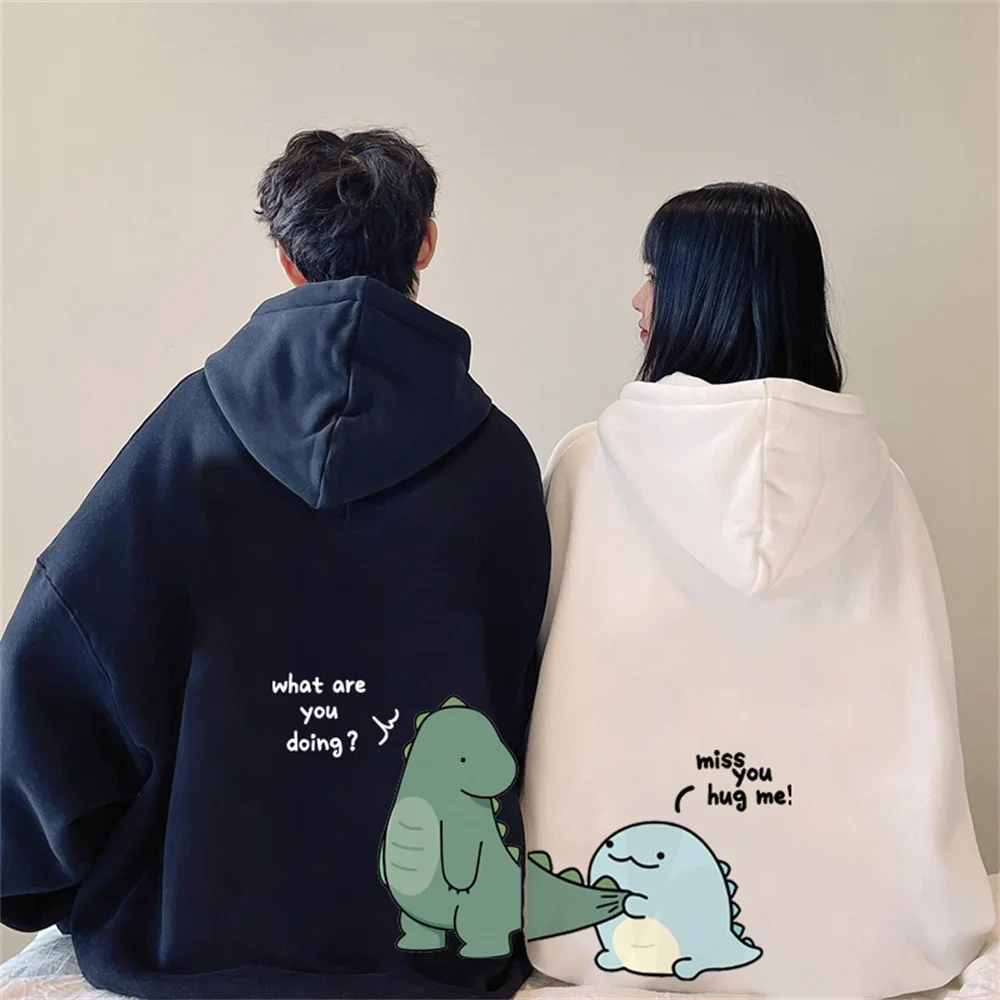 패션 귀여운 남자 락 니 셔츠 공룡 긴 프린트 후드 티 셔츠 후드 패션 캐주얼 하라주쿠 만화 커플 후드
