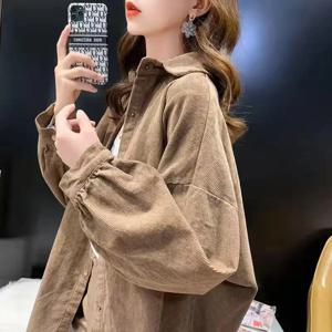 여성용 코듀로이 셔츠 긴 소매 루즈 캐주얼 스타일 봄 가을 신상 패션 브이넥 버튼업 따뜻한 아우터웨어 탑
