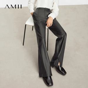 AMII 미니멀리스트 캐주얼 여성용 바지 2025 가을 의류 PU 가죽 루즈 스트레이트 팬츠 슬릿 오피스룩 트라우저 12343250