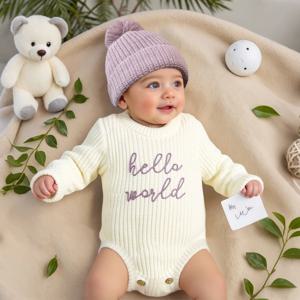 Ylsteed Hello World 뜨개질 신생아 사진 촬영용 롬퍼와 어울리는 폼폼 모자 포함 아기 소년 소녀 스웨터 의상