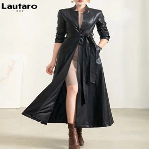 Lautaro 봄 가을 긴 검은 부드러운 방수 가짜 가죽 코트 여성 벨트 긴 소매 싱글 브레스트 럭셔리 패션 2022
