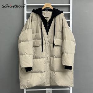 Schinteon 여성용 화이트 덕 다운 오버 사이즈 재킷, 가을 겨울 따뜻한 캐주얼 외투, 후드 포함, 페이크 투피스 패치워크 코트 2023