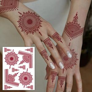 레드 레이스 헤나 문신 섹시한 마룬 문신 스티커, 방수 인도 멘디 디자인, 임시 문신, 여성용 손가락 손 문신