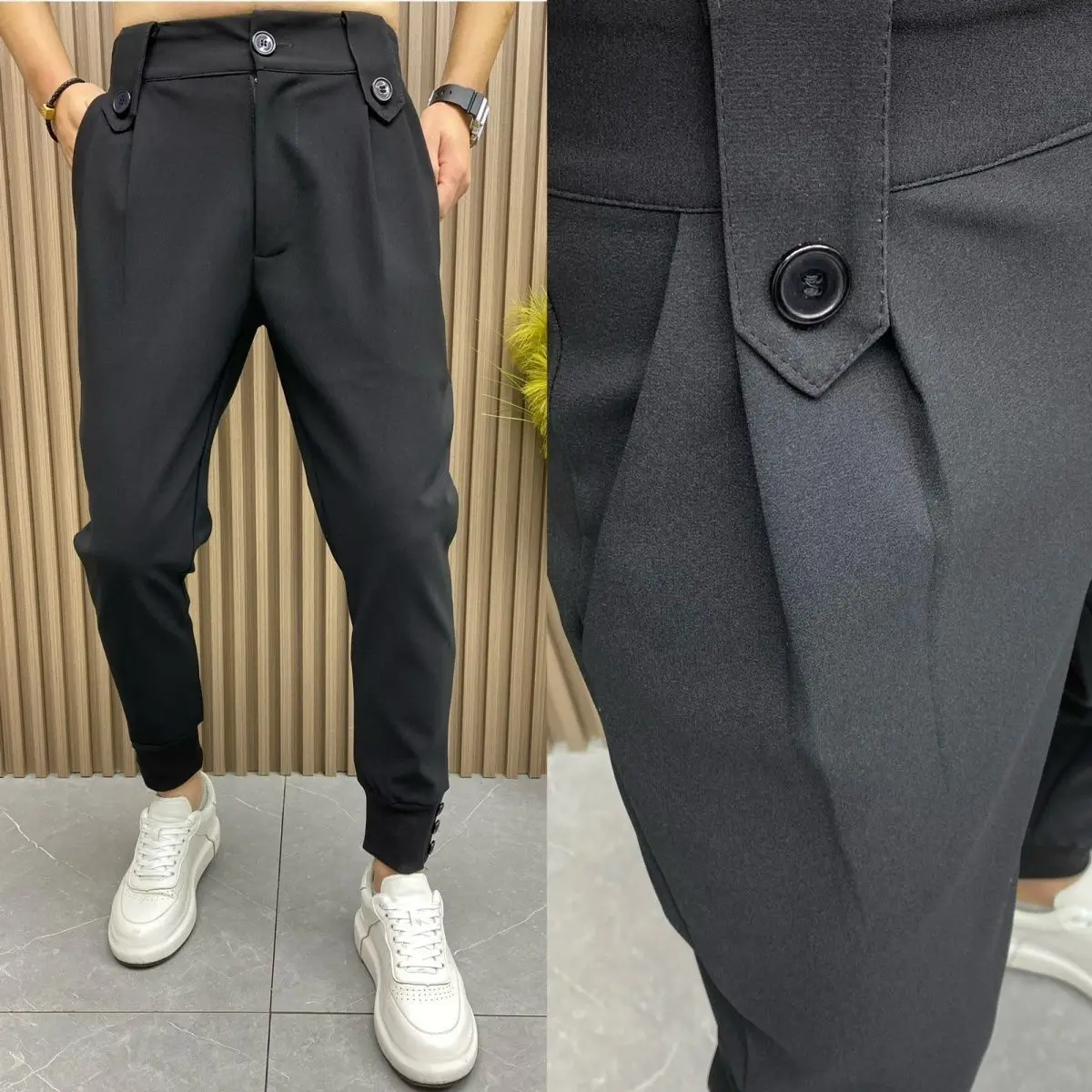 Harlan Black Pleated Man 정장 바지 주름 방지 럭셔리 패션 한국 리뷰 남성용 바지 많은 디자이너 제공