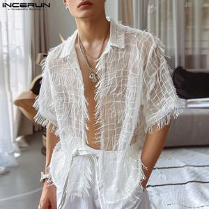 2024 남성 셔츠 술 쉬폰 투명한 옷깃 짧은 소매 섹시한 남성 의류 여름 streetwear 파티 패션 camisas incerun