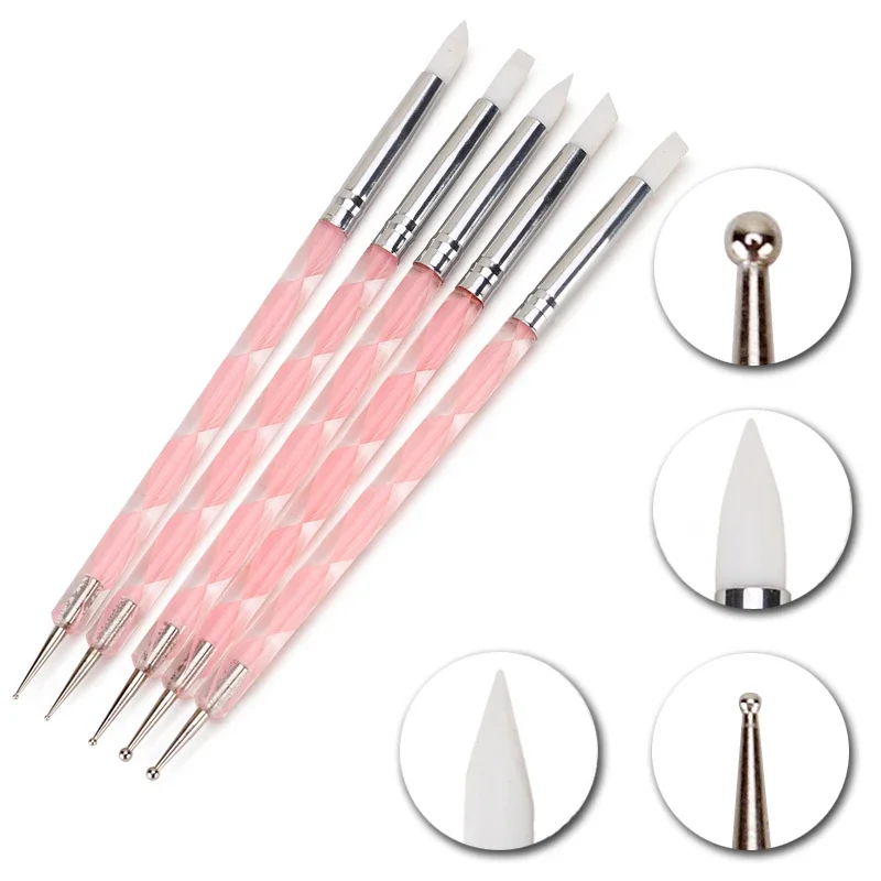 5Pcs 2 웨이 네일 아트 아크릴 실리콘 포인트 꽃 네일 펜 스테인레스 스틸 도트 도구 Marbleizing 그림 펜