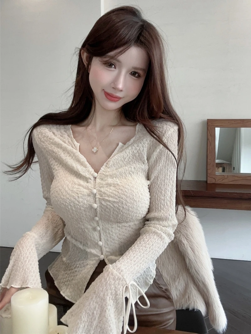 브이넥 긴팔 텍스처 벨티드 쉬폰 탑 여성용 봄 우아한 슬림핏 숏 이너웨어 베이스 오픈 가디건 탑