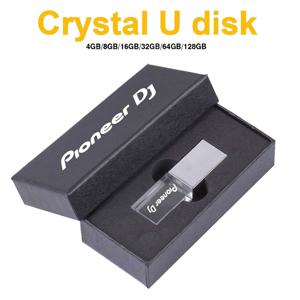 뜨거운 판매 개척자 DJ 크리스탈 USB 2.0 플래시 드라이브 128GB 실제 용량 메모리 스틱 64GB 실버 케이스 LED 라이트 펜 드라이브 상자 포함