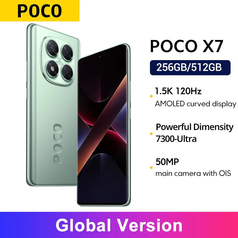 POCO X7 스마트폰 글로벌 버전, 5110mAh, 45W, 50MP 카메라, 치수 7300-울트라 6.67 인치, 120Hz AMOLED 디스플레이, IP68 샤오미, HyperOS NFC