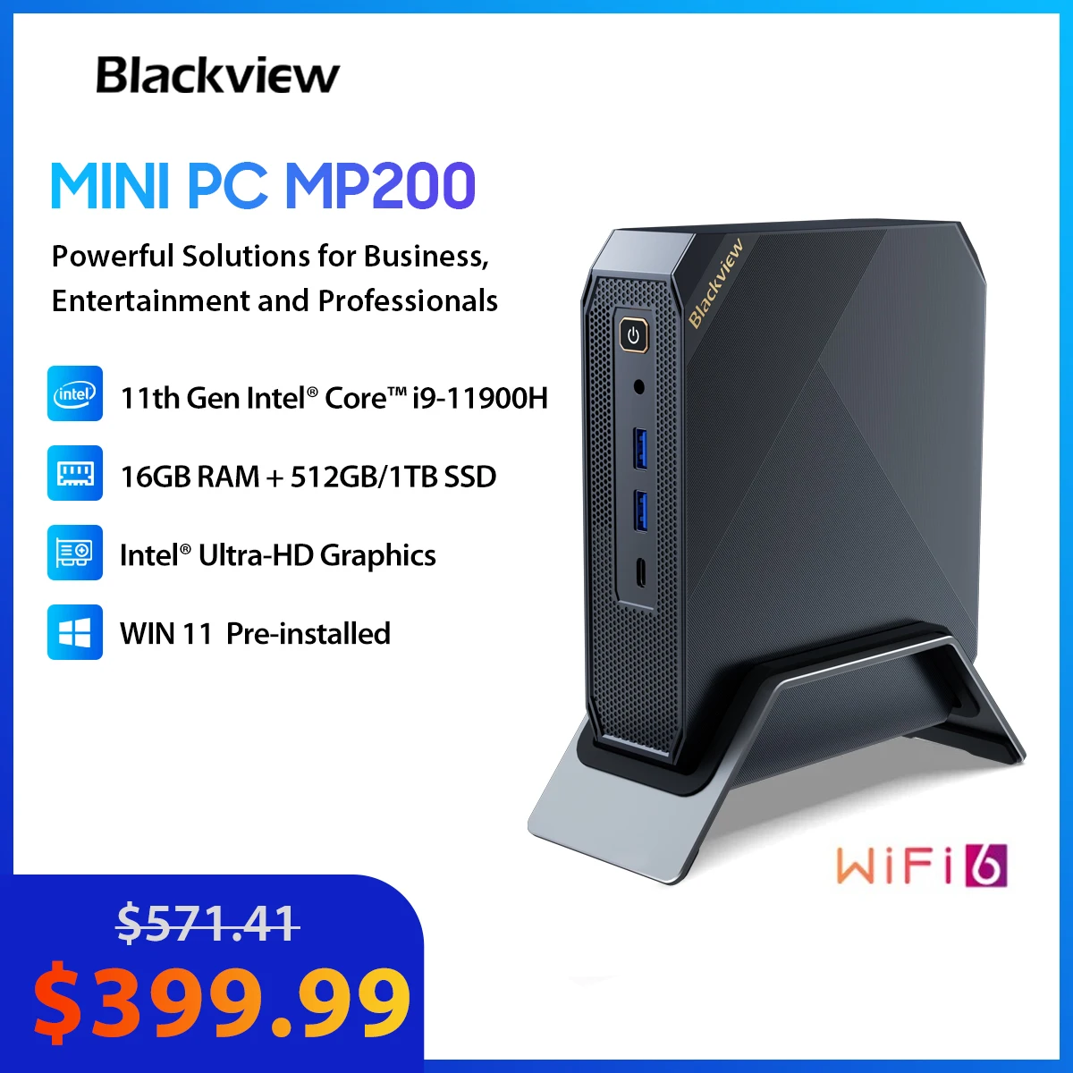 Blackview 미니 PC MP200 11세대 인텔 i9-11900H 4.4GHz 16GB DDR4 512GB SSD Win11 Wifi 6 4K HD 데스크탑 컴퓨터