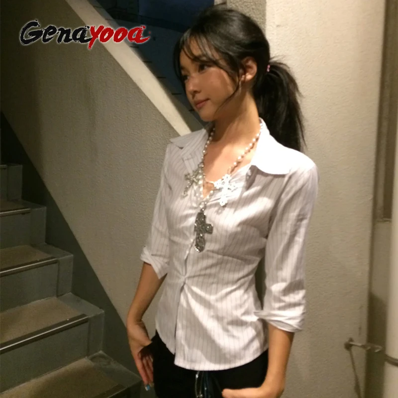 Genayooa 한국 스타일 캐주얼 셔츠 여성 3 분기 스트라이프 셔츠 2000 년대 일본 Y2k 빈티지 탑 슬림 레트로 셔츠 여름