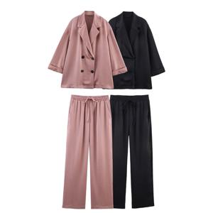 여성 패션 다용도 주름 효과 플립 칼라 캐주얼 수트 코트 봄/여름 신상 하이웨이스트 스트레이트 팬츠